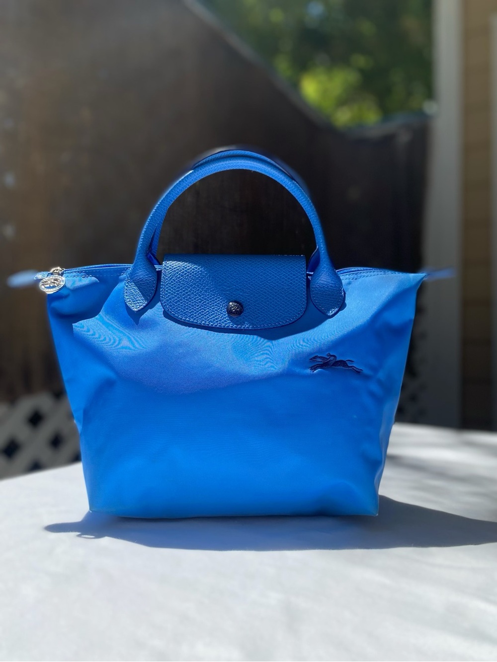 Authentic Longchamp Blue Le Pliage Top-Handle Tote small